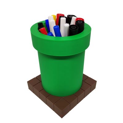 Porta Objetos Caneta Cano Com Base Tijolinhos 3D Decorativo Mario Geek Gamer