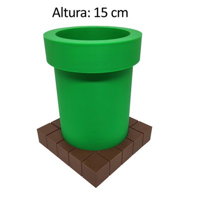 Porta Objetos Caneta Cano Com Base Tijolinhos 3D Decorativo Mario Geek Gamer