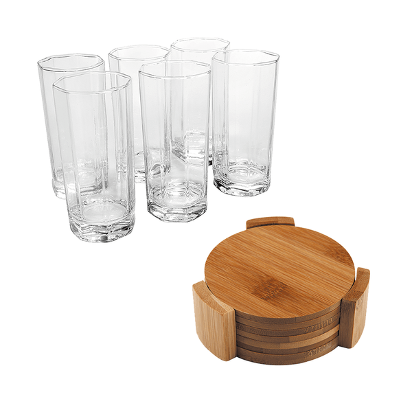 Kit 6 Copos Long Drink 340ml Geometria Nadir + Porta-Copos 6 Peças de Bambu Anji
