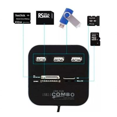 Hub 3 Portas Usb 2.0 - Leitor Cartão Micro Sd, M2, Ms Pro Duo Universal