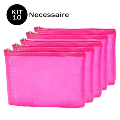 Combo 10 Necessaire Rosa Translúcida Com Zíper 20,5x14,5cm