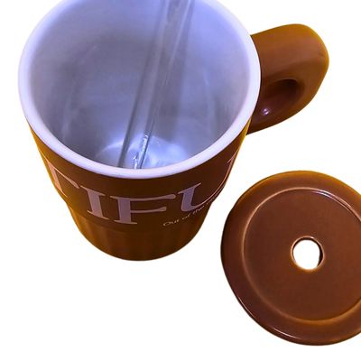 Caneca com Tampa Ceramica e Canudo de Vidro Marrom Top Chef
