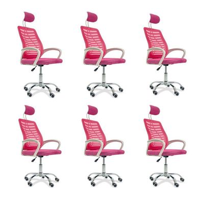 Kit 6 Cadeiras Escritório Diretor Tela Mesh Com Encosto De Cabeça Rosa