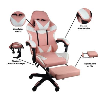 Cadeira Gamer Stillus Ergonômica Com Apoio Para Os Pés Rosa Chiclete