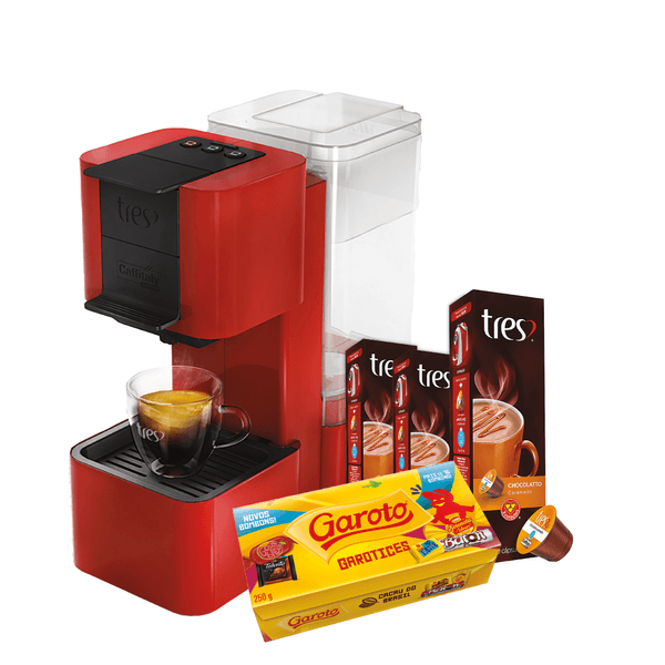 Kit Cafeteira Expresso Cápsula Tres Pop Plus + Cápsula Tres com 10 Unidades de 10.5g Chocolatto Caramello + Caixa de Bombom Sortido Garoto 250g