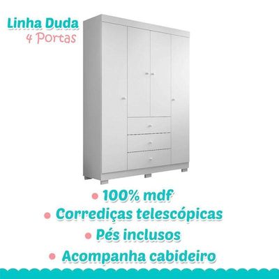 Berço Nacional Doce Sonho 3540 Com Guarda Roupa Duda 4 Portas Branco Brilho