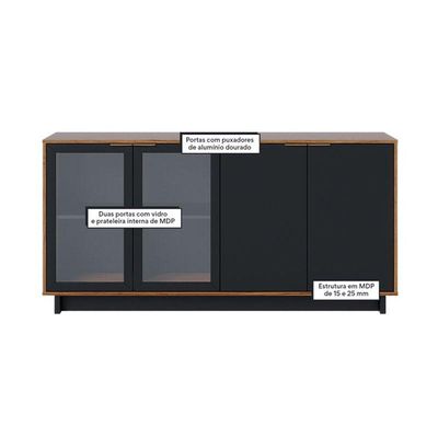 Aparador Para Sala Buffet Ambiente Vitória Noce Milano Preto Acetinado - Colibri