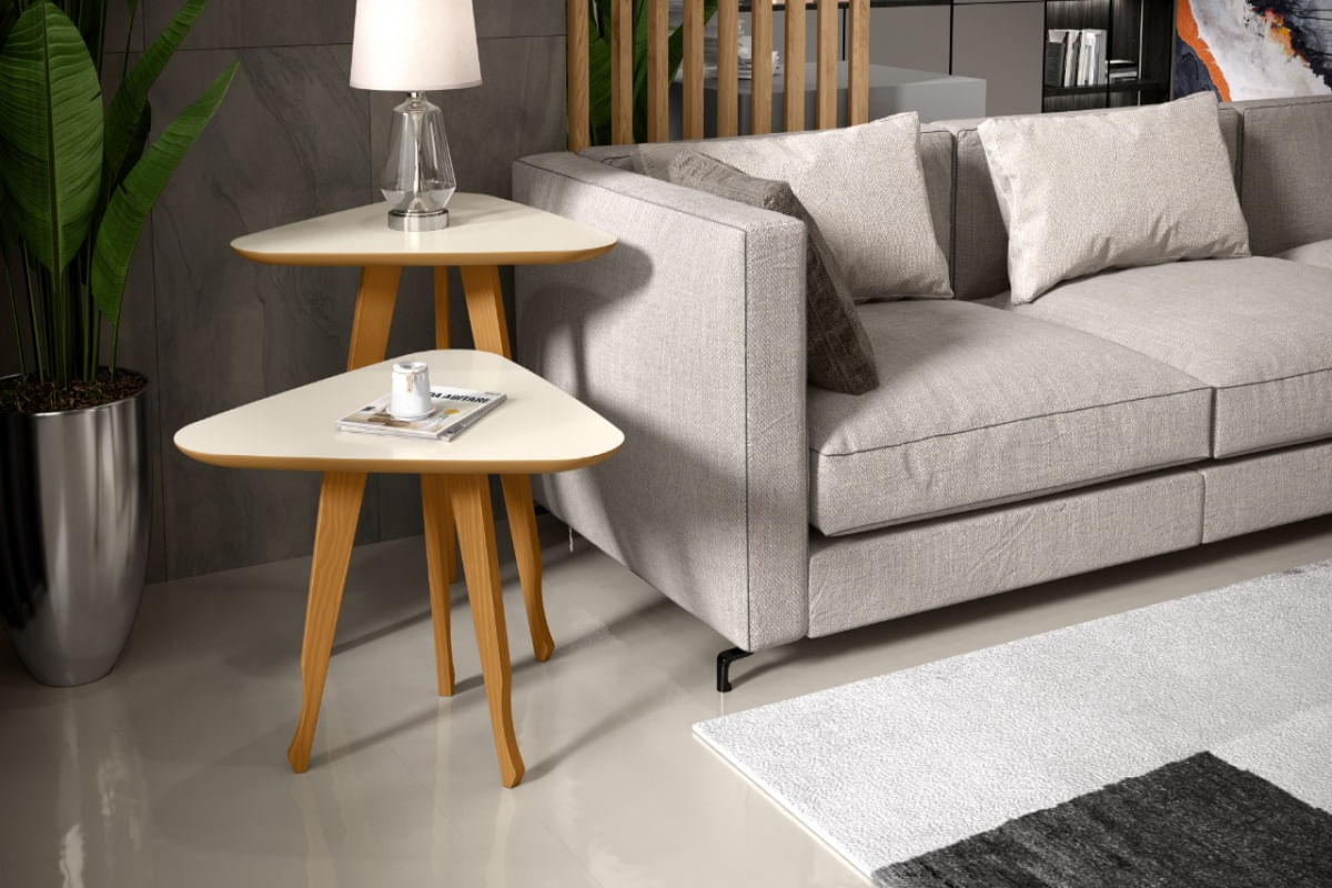 Jogo 2 Mesas Lateral e Apoio 3 Pontas Pés Madeira Prime cor Off White / Freijó - Comprar Móveis em Casa