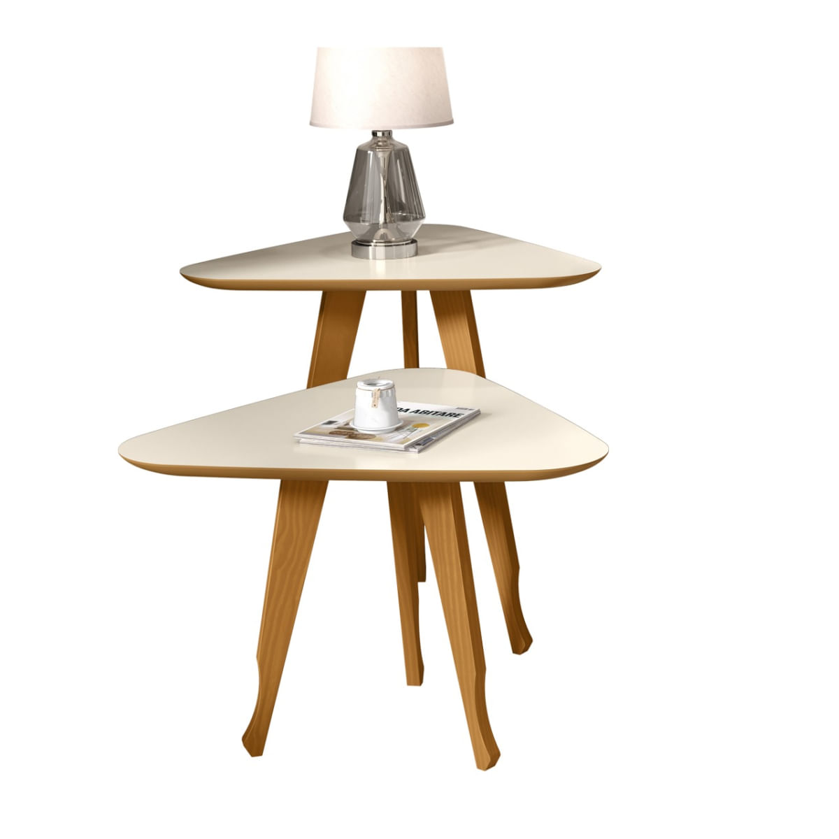 Jogo 2 Mesas Lateral e Apoio 3 Pontas Pés Madeira Prime cor Off White / Freijó - Comprar Móveis em Casa