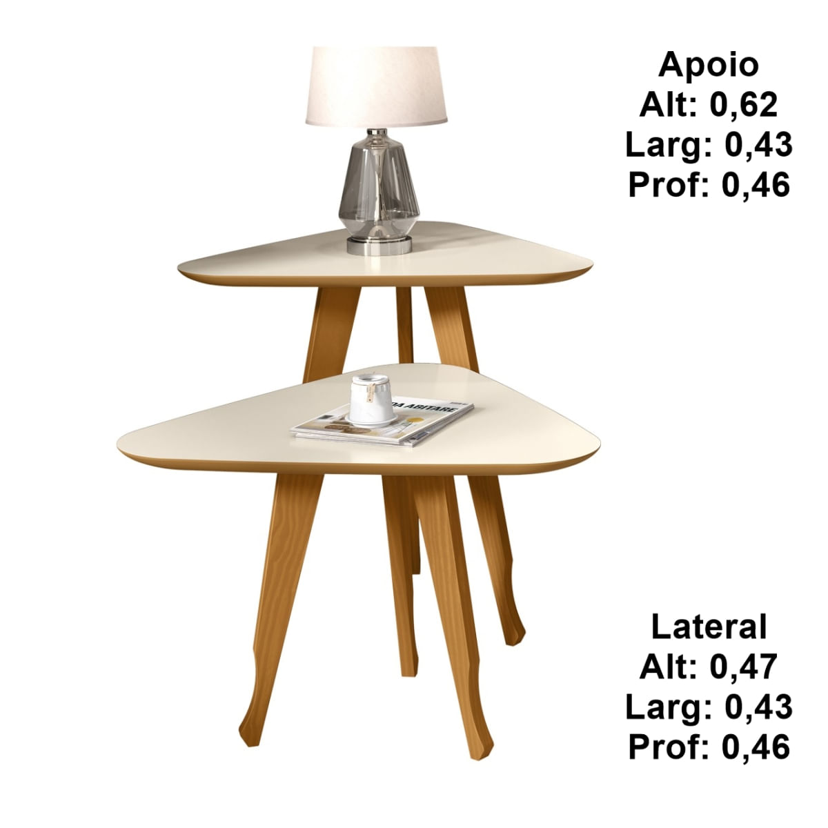 Kit 2 Mesas Lateral e Apoio 3 Pontas Sala Decor Pés Madeira cor Off White / Freijó - Comprar Móveis em Casa