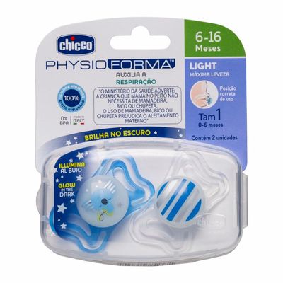 Chupeta de Silicone Physio Light Lumi 6 a 16 meses 2 Unidades Chicco Branco e Azul