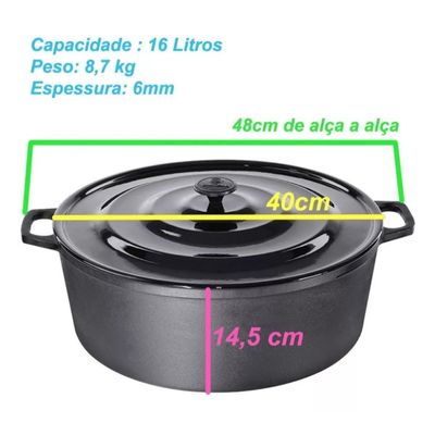 Panela Caçarola Ferro Fundido Grande 40cm 15 Lts Alça Ferro Tampa Alumínio - Santana
