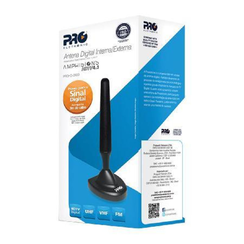 Antena Digital Interna e Externa VHF/UHF/HDTV com Cabo de 3 Metros PRODH-2400