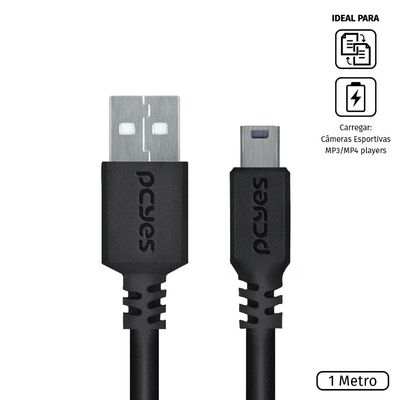 Cabo USB a 2.0 Macho para Mini USB B Macho 28AWG Puro Cobre 1 Metro - PUANM2-1