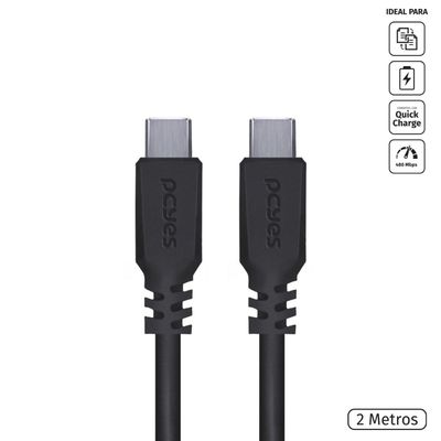 Cabo USB Tipo C 2.0 para USB Tipo C / TYPE C 2 Metros Preto - PUCP-02