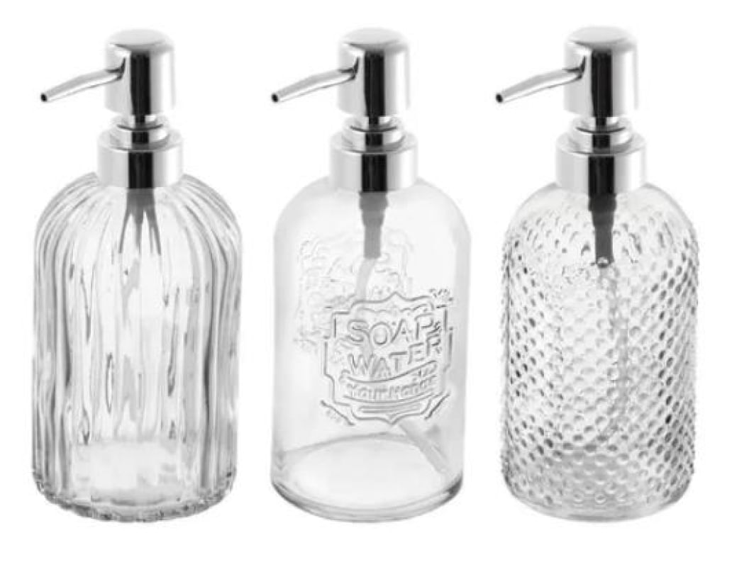 Jogo com 3 Porta Sabonete Líquido em Vidro Clear 430 ml - Mimo Style - VD1732