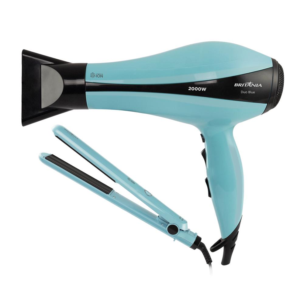 Kit Secador com Prancha Britânia Duo Blue BKT2000 Azul 127V