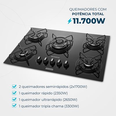 Cooktop a Gás 5 Bocas Tripla Chama Mondial CTG-03 Bivolt