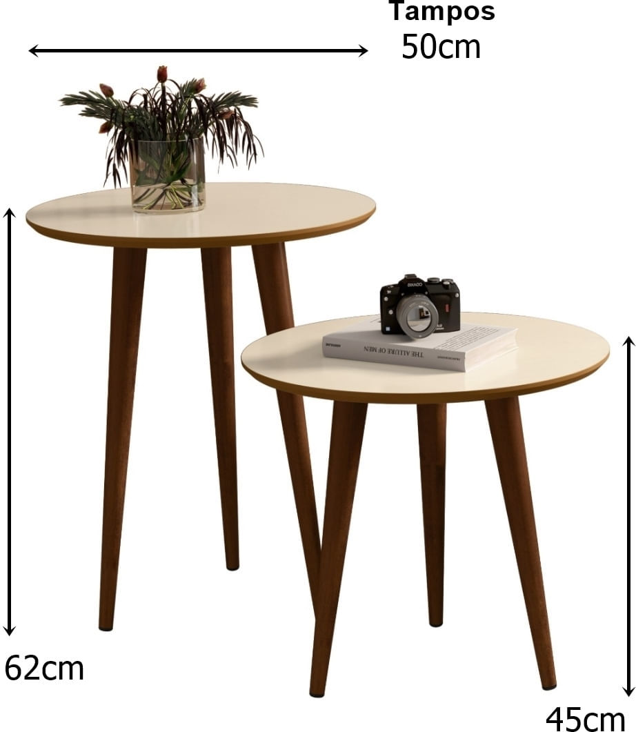 Conjunto 2 mesas retrô pés palito, lateral e apoio havana - off white / freijo - Comprar Moveis Em Casa