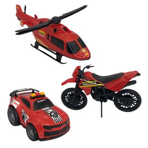 Kit Brinquedo Carro de Polícia + Moto + Helicóptero Vermelho