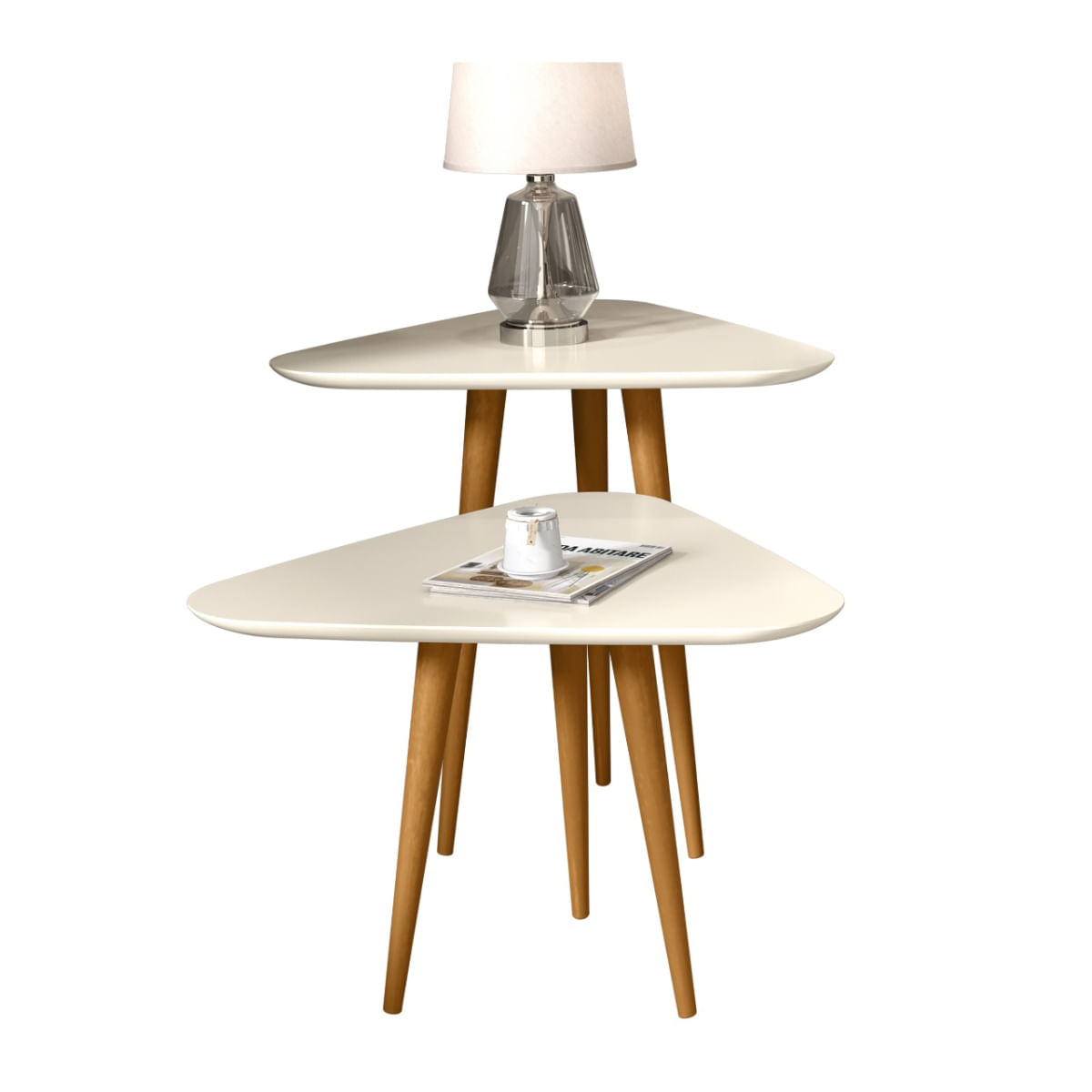 Jogo 2 Mesas Sala Lateral e Apoio 3 Pontas Estilo Retro Pés Palito cor Off White - Comprar Moveis em Casa