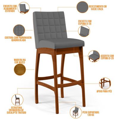 Banqueta Alta Para Cozinha Sala de Jantar Fixa Mila B04 Suede Cinza - Lyam Decor