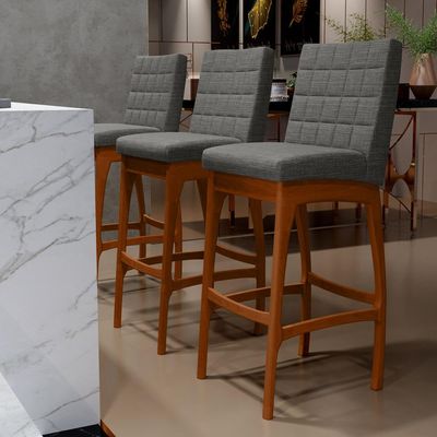Banqueta Alta Para Cozinha Sala de Jantar Fixa Mila B04 Linho Cinza Escuro - Lyam Decor