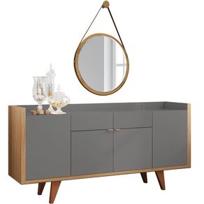 Aparador Para Sala Buffet Havana B01 com Espelho Adnet 54 cm Alça de Couro Freijó Cinza - Lyam Decor