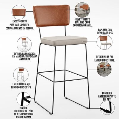 Banqueta Alta Cozinha Sala Jantar Fixa Allana L02 Couríssimo Camel Linho Cru - Lyam Decor