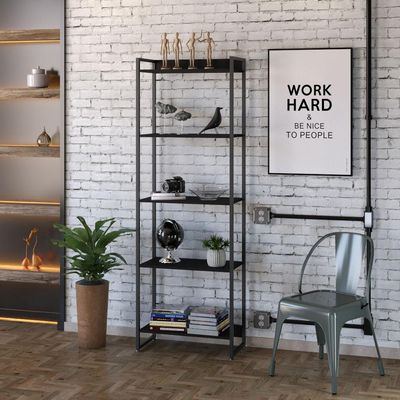 Kit Escritório Estante Areta 5 Prateleiras com Mesa Industrial Aspen 135cm C01 Onix - Lyam Decor