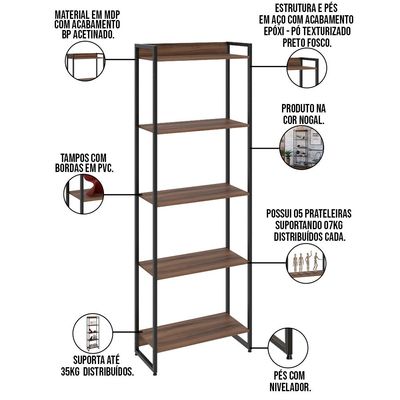 Kit Escritório Estante Areta 5 Prateleiras com Mesa Industrial Aspen 150cm C01 Nogal - Lyam Decor