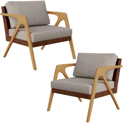Kit 02 Poltronas Decorativas Para Sala De Estar Pietra L02 Couríssimo Marrom Linho Bege - Lyam Decor