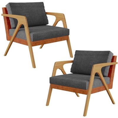 Kit 02 Poltronas Decorativas Sala Estar Pietra L02 Couríssimo Camel Linho Cinza Escuro - Lyam Decor