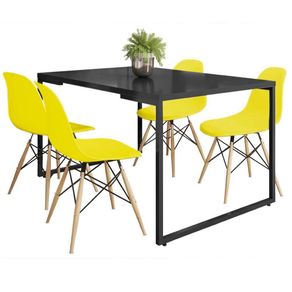 Mesa de Jantar Rivera Industrial Preto F01 com 04 Cadeiras Eiffel Charles Eames Amarelo - Lyam Decor