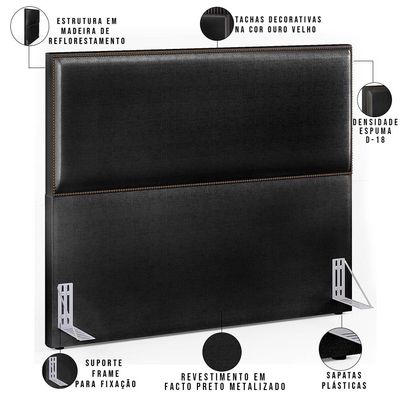Cabeceira Box Casal Queen Com Tachas 160 cm Vicenza L02 Facto Preto Metalizado - Lyam Decor