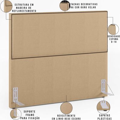 Cabeceira Cama Box Casal Com Tachas 160 cm Vicenza L02 Linho Bege Escuro - Lyam Decor