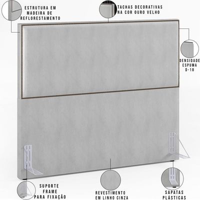 Cabeceira Cama Box Casal Queen Com Tachas 160 cm Vicenza L02 Linho Cinza - Lyam Decor
