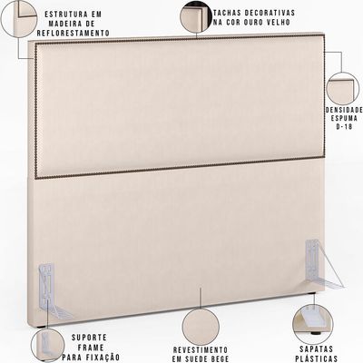 Cabeceira Cama Box Casal Queen Com Tachas 160 cm Vicenza L02 Suede Bege - Lyam Decor