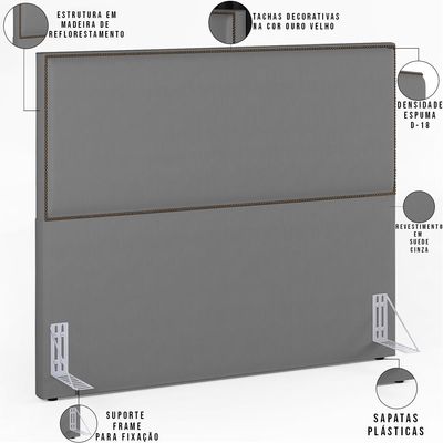 Cabeceira Cama Box Casal Queen Com Tachas 160 cm Vicenza L02 Suede Cinza - Lyam Decor