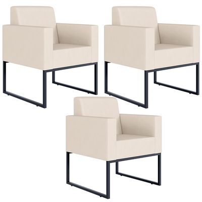 Kit 03 Poltronas Decorativas para Sala Recepção Base Fixa De Metal Helô L02 Suede Bege - Lyam Decor