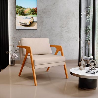 Kit 03 Poltronas Decorativas Para Sala Estar Pietra Estrutura De Madeira L02 Suede Bege - Lyam Decor