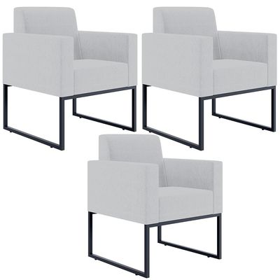 Kit 03 Poltronas Decorativas para Sala Recepção Base Fixa De Metal Helô L02 Linho Cinza - Lyam Decor