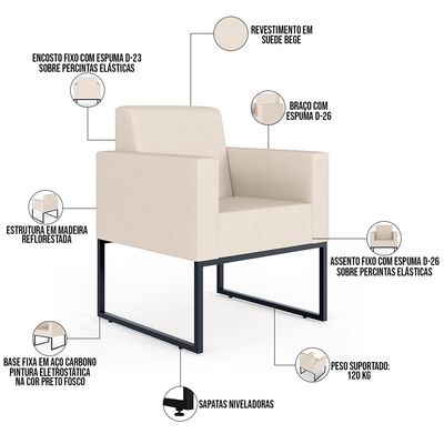 Kit 03 Poltronas Decorativas para Sala Recepção Base Fixa De Metal Helô L02 Suede Bege - Lyam Decor