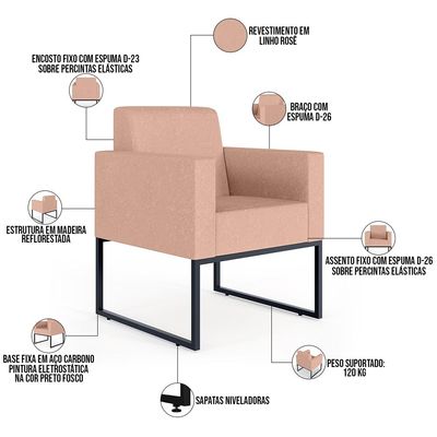 Kit 03 Poltronas Decorativa Para Sala E Recepção Base Fixa De Metal Helô L02 Linho Rosê - Lyam Decor