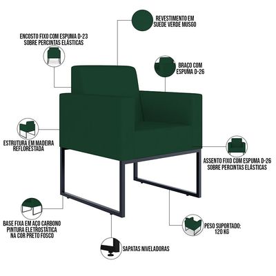 Kit 03 Poltronas Decorativas Sala e Recepção Base Fixa Metal Helô L02 Suede Verde Musgo - Lyam Decor
