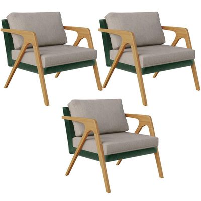 Kit 03 Poltronas Decorativas Sala Estar Pietra L02 Facto Verde Musgo Linho Bege - Lyam Decor