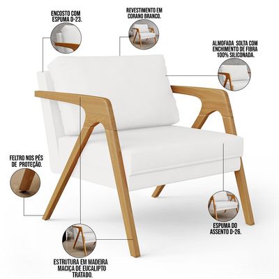 Kit 03 Poltrona Decorativa Para Sala Pietra Estrutura De Madeira L02 Corano Branco - Lyam Decor