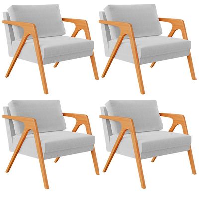 Kit 04 Poltronas Decorativa Para Sala Estar Pietra Estrutura De Madeira L02 Linho Cinza - Lyam Decor
