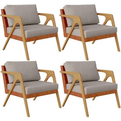 Kit 04 Poltronas Decorativas Para Sala Estar Pietra L02 Couríssimo Camel Linho Bege - Lyam Decor
