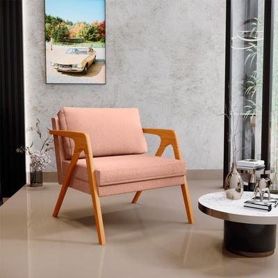 Kit 03 Poltronas Decorativas Para Sala Estar Pietra Estrutura De Madeira L02 Linho Rosê - Lyam Decor